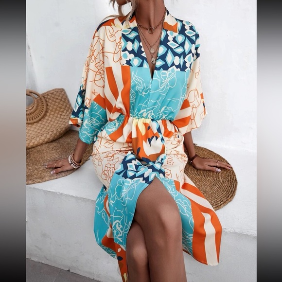 Boho floral print batwing sleeve slit thigh one dress - Picture 4 of 6